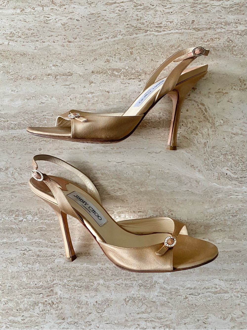 Vintage Jimmy Choo Satin Crystal Buckle Slingback Sandal Heels - Picture 4 of 13